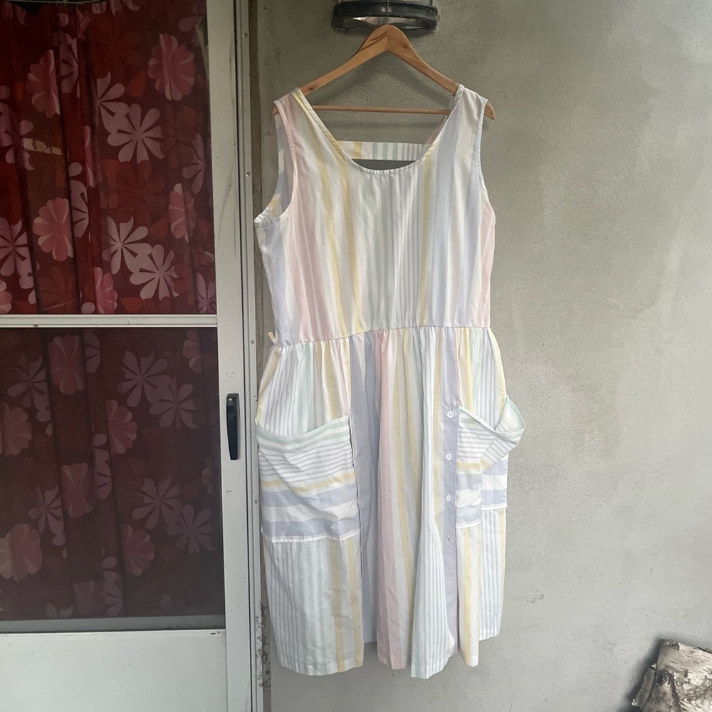True Vintage 1980s Pastel Striped Sleeveless Sundress Dress with Pockets Size XL